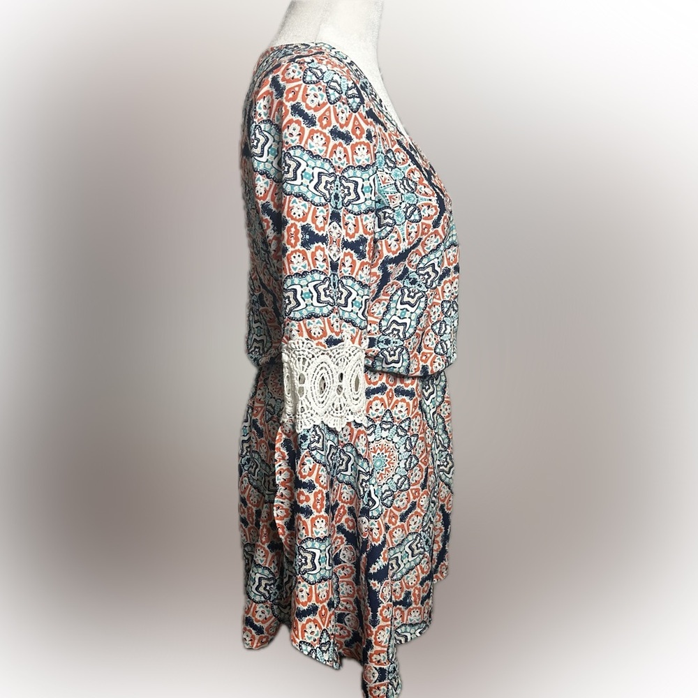 My Michelle SZ S Blue/orange boho bell sleeve romper w/lace accents/bust 36” - Picture 5 of 7